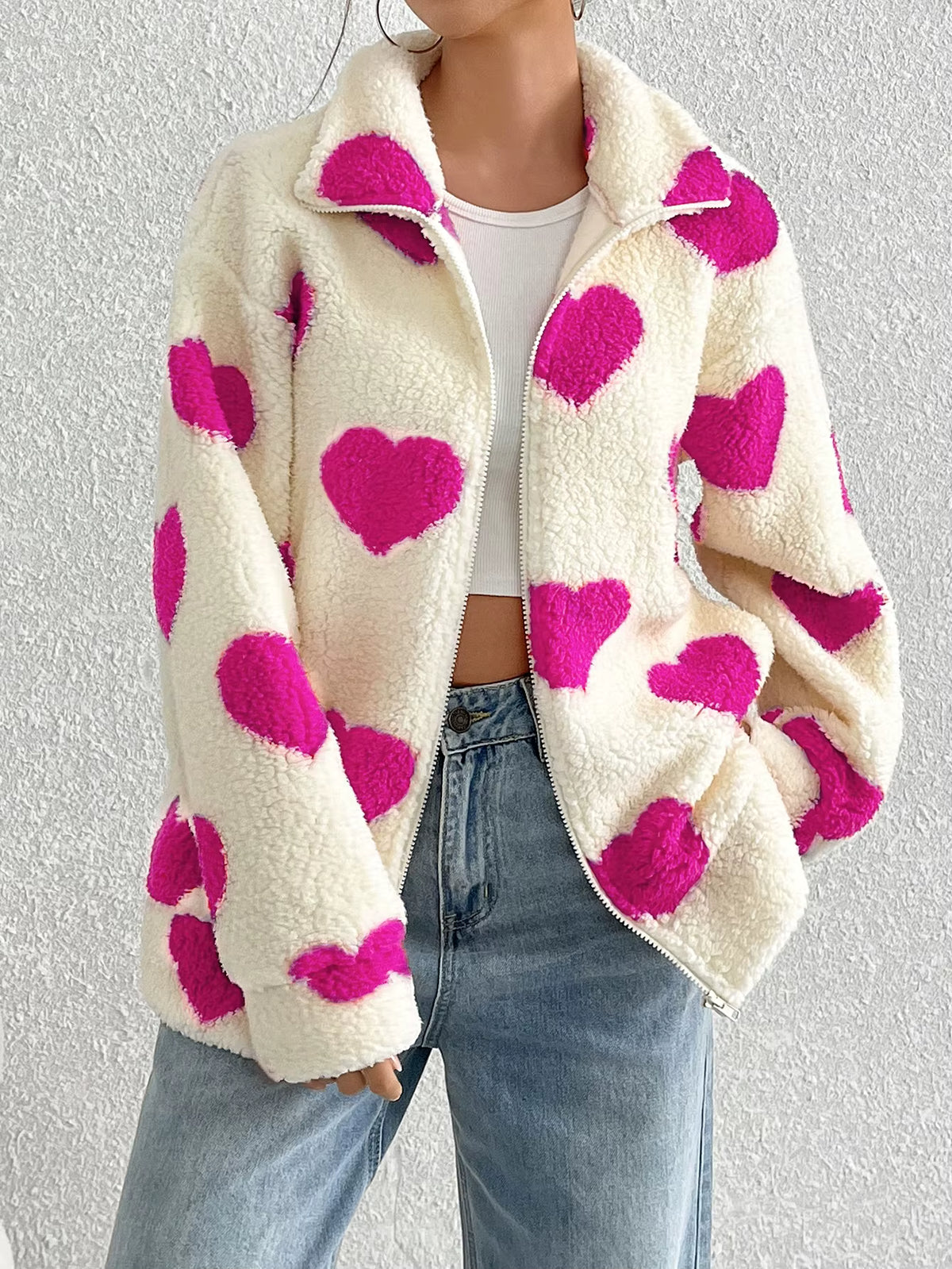 Women's Plush Cardigan Coat with Love Print and Zipper