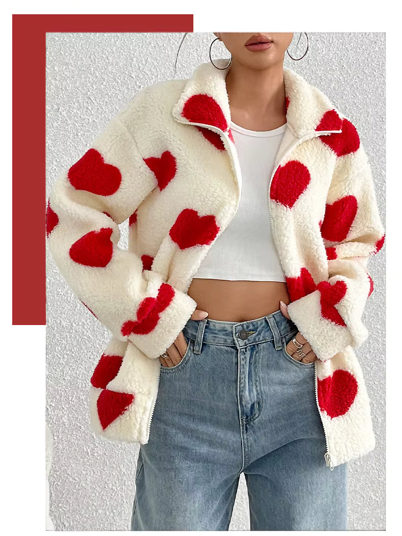 Women's Plush Cardigan Coat with Love Print and Zipper