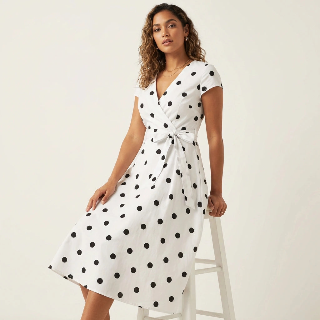 Women's Polka Dot Wrap Dress for Summer Occasions