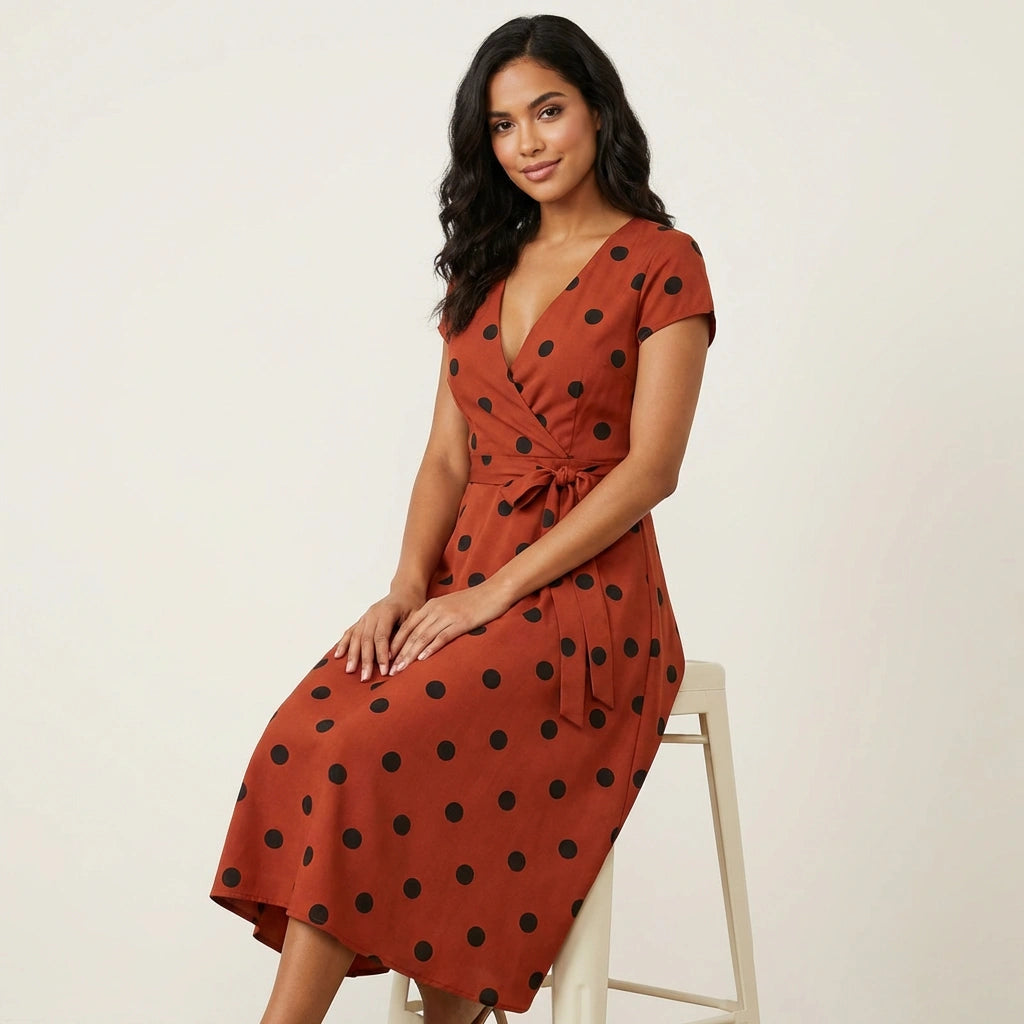 Women's Polka Dot Wrap Dress for Summer Occasions