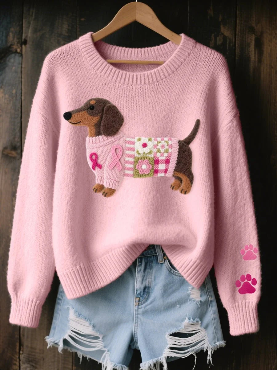 Women's Relaxed-Fit Knit Sweater with Dachshund Embroidery 0