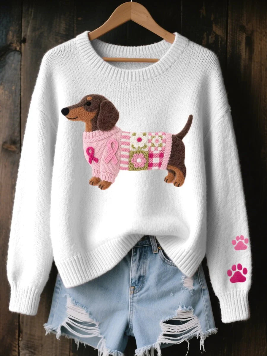 Women's Relaxed-Fit Knit Sweater with Dachshund Embroidery 2
