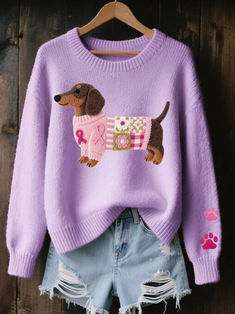 Women's Relaxed-Fit Knit Sweater with Dachshund Embroidery 3
