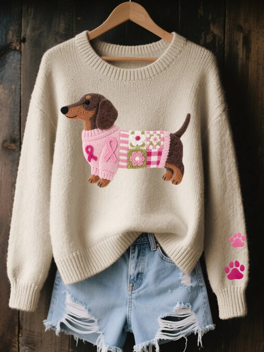 Women's Relaxed-Fit Knit Sweater with Dachshund Embroidery 4