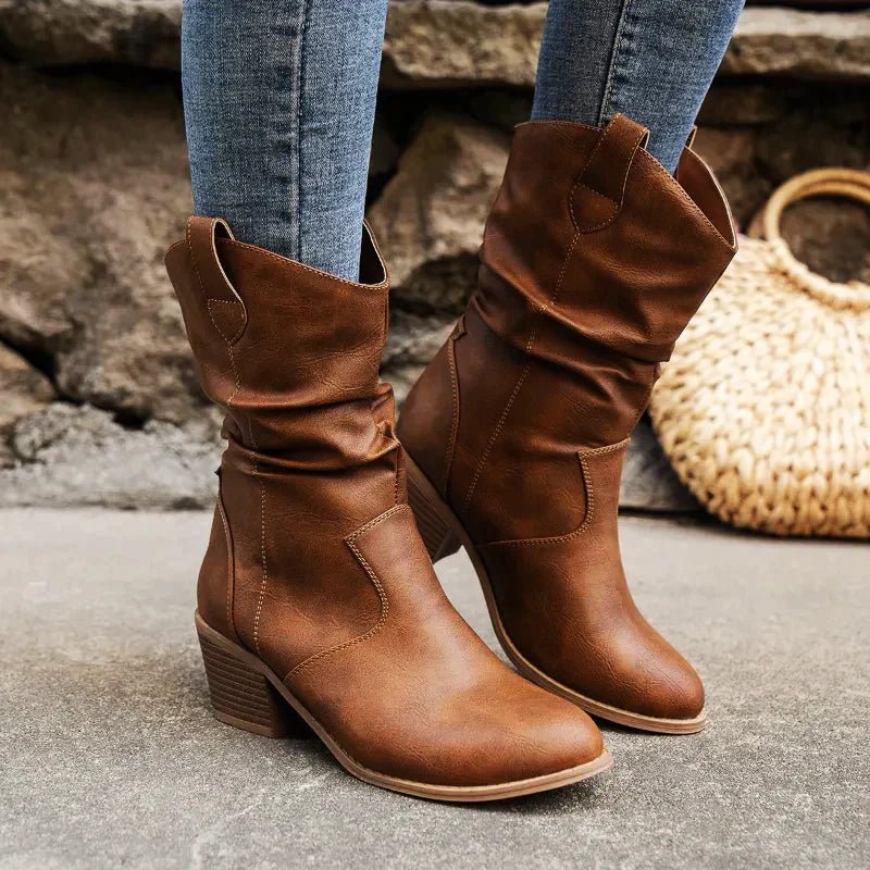Women's Ruching Vegan Leather Boots with Chunky Heel 2
