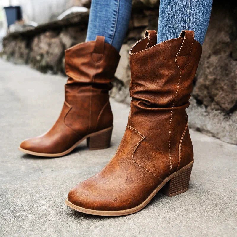 Women's Ruching Vegan Leather Boots with Chunky Heel 3