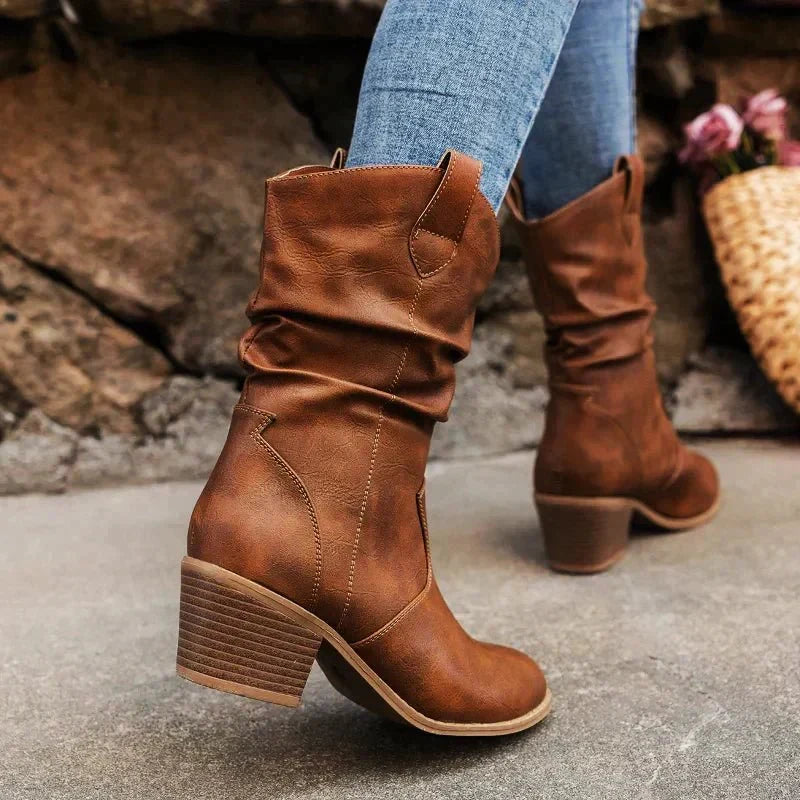 Women's Ruching Vegan Leather Boots with Chunky Heel 4