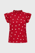 Women's Ruffle Sleeve Heart Print Top