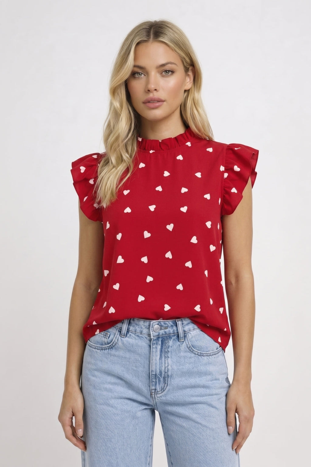 Women's Ruffle Sleeve Heart Print Top