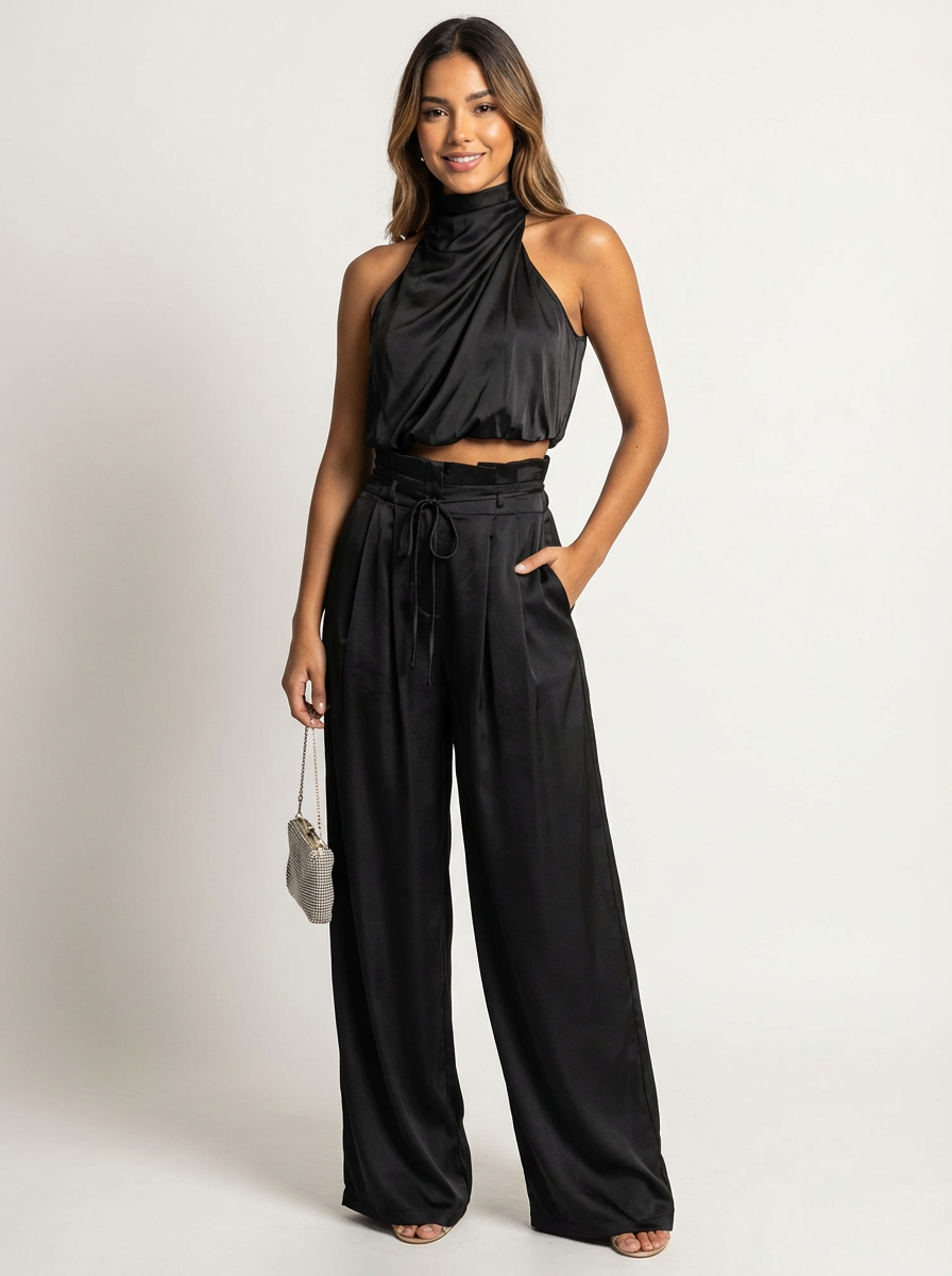 Women's Satin Co Ord Set - Halter Top & Wide Trousers