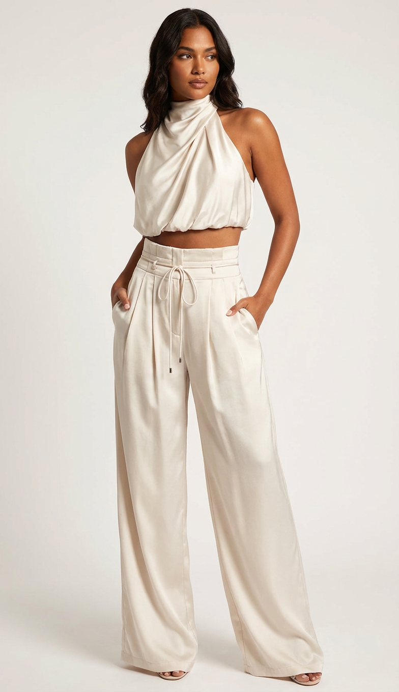 Women's Satin Co Ord Set - Halter Top & Wide Trousers