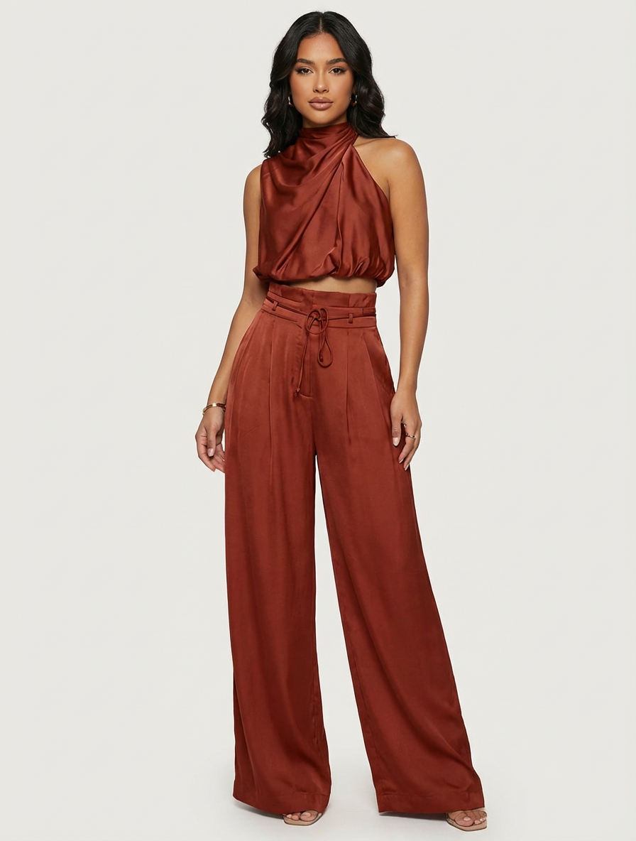 Women's Satin Co Ord Set - Halter Top & Wide Trousers