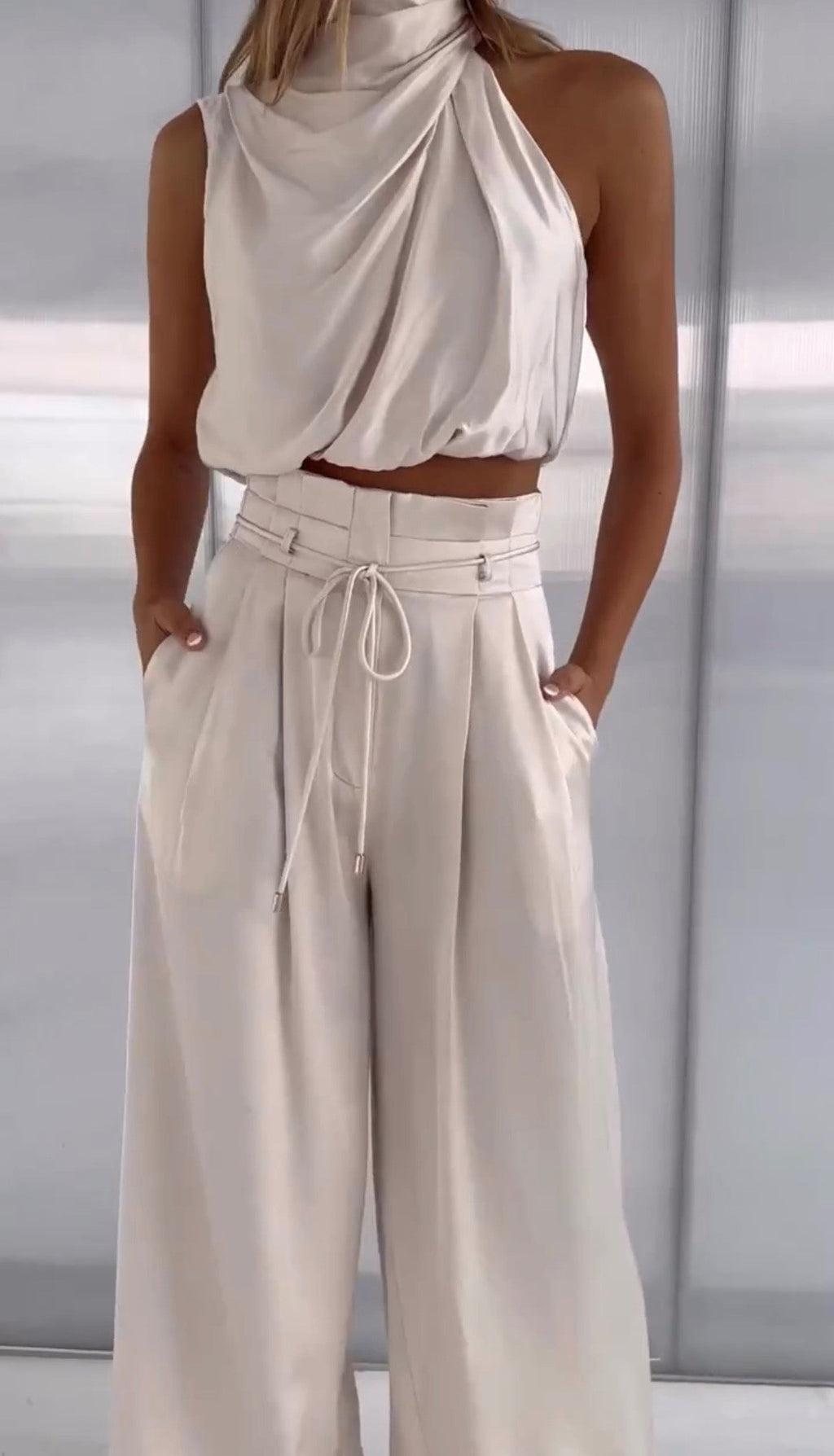 Women's Satin Co Ord Set - Halter Top & Wide Trousers