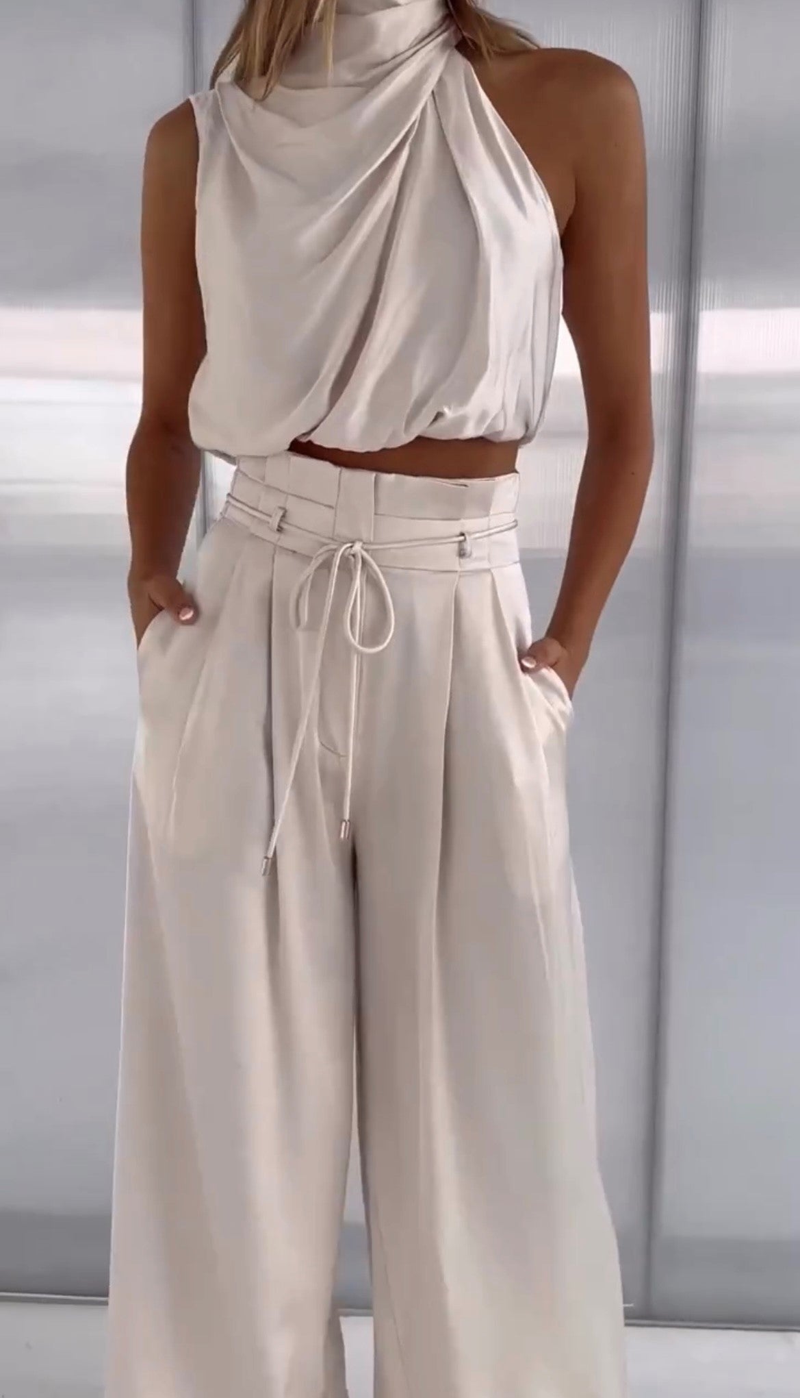 Women's Satin Co Ord Set - Halter Top & Wide Trousers