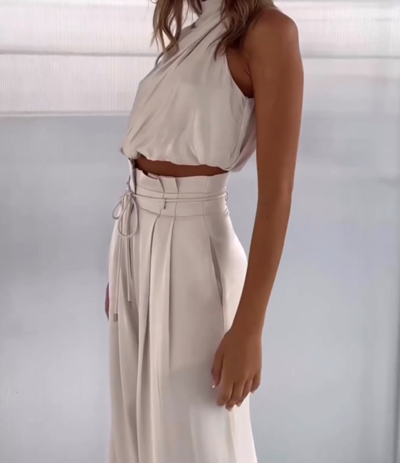 Women's Satin Co Ord Set - Halter Top & Wide Trousers