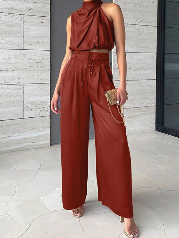 Women's Satin Co Ord Set - Halter Top & Wide Trousers