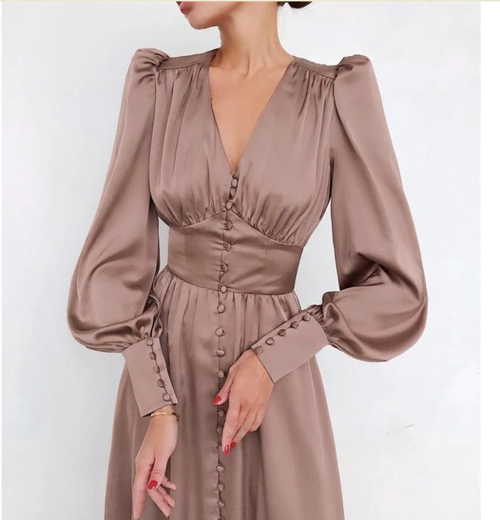 Womens Elegant Long Sleeve Midi Dress with V Neck