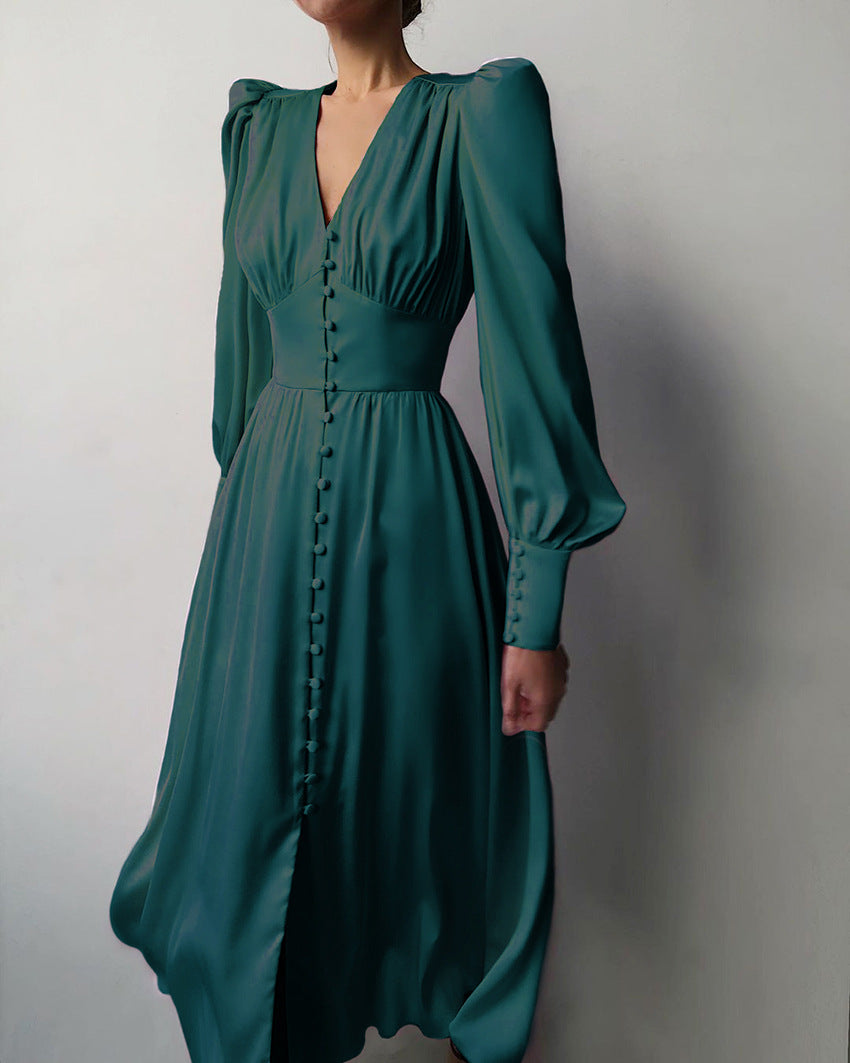 Womens Elegant Long Sleeve Midi Dress with V Neck