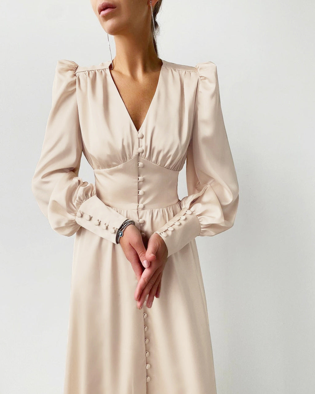 Womens Elegant Long Sleeve Midi Dress with V Neck