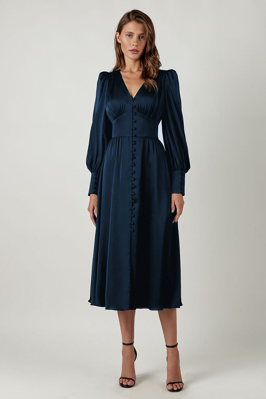 Womens Elegant Long Sleeve Midi Dress with V Neck
