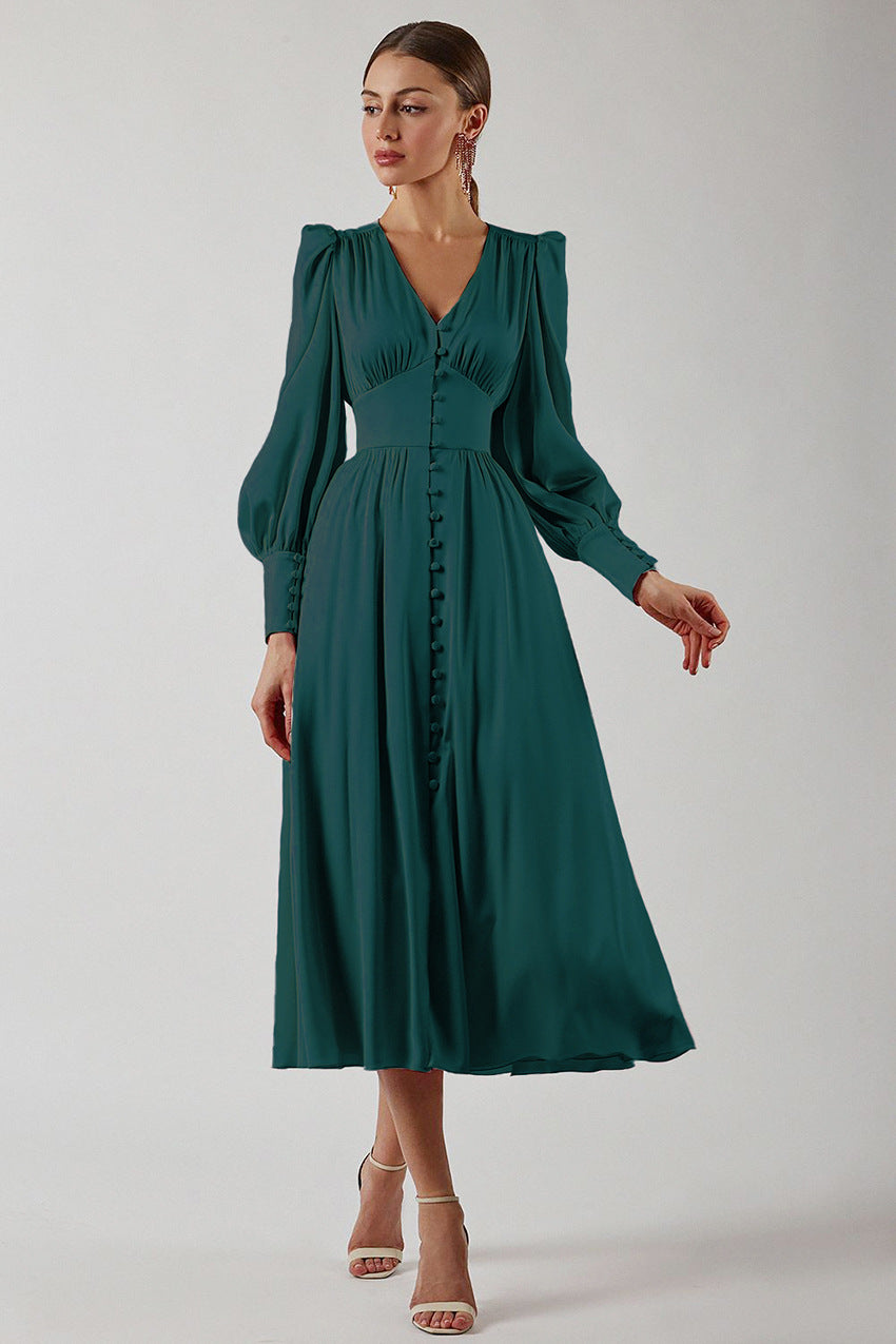Womens Elegant Long Sleeve Midi Dress with V Neck