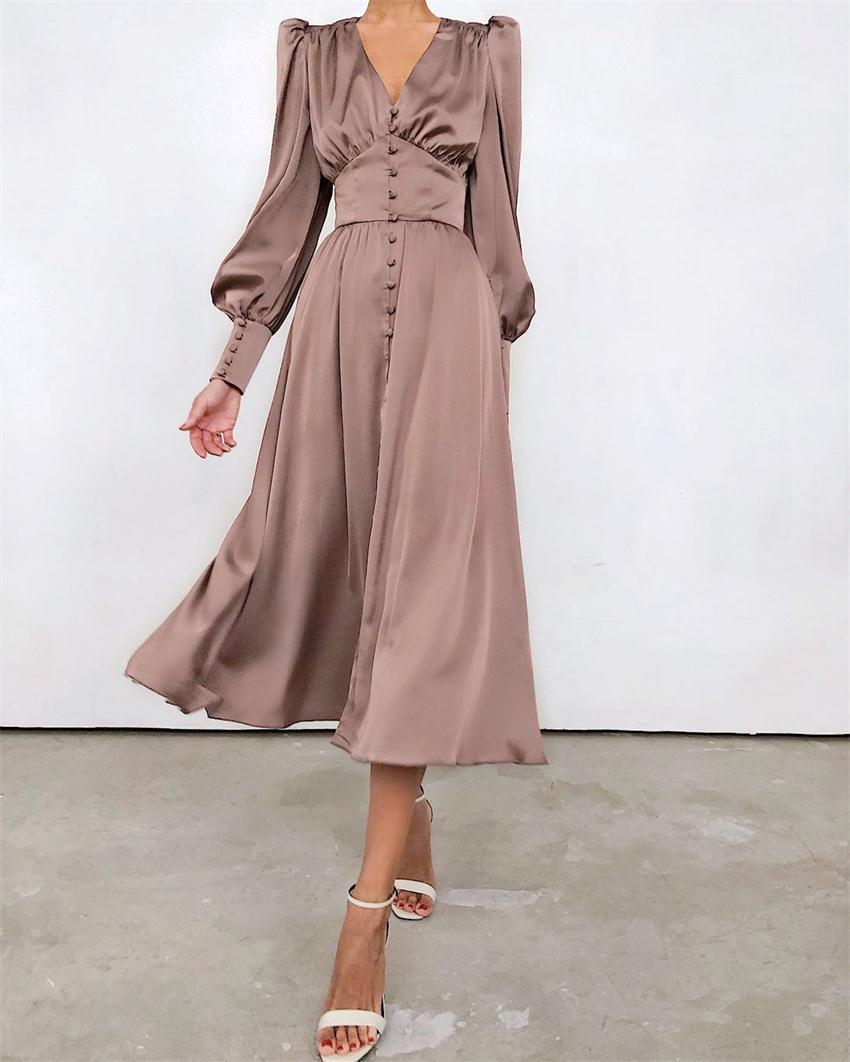 Womens Elegant Long Sleeve Midi Dress with V Neck