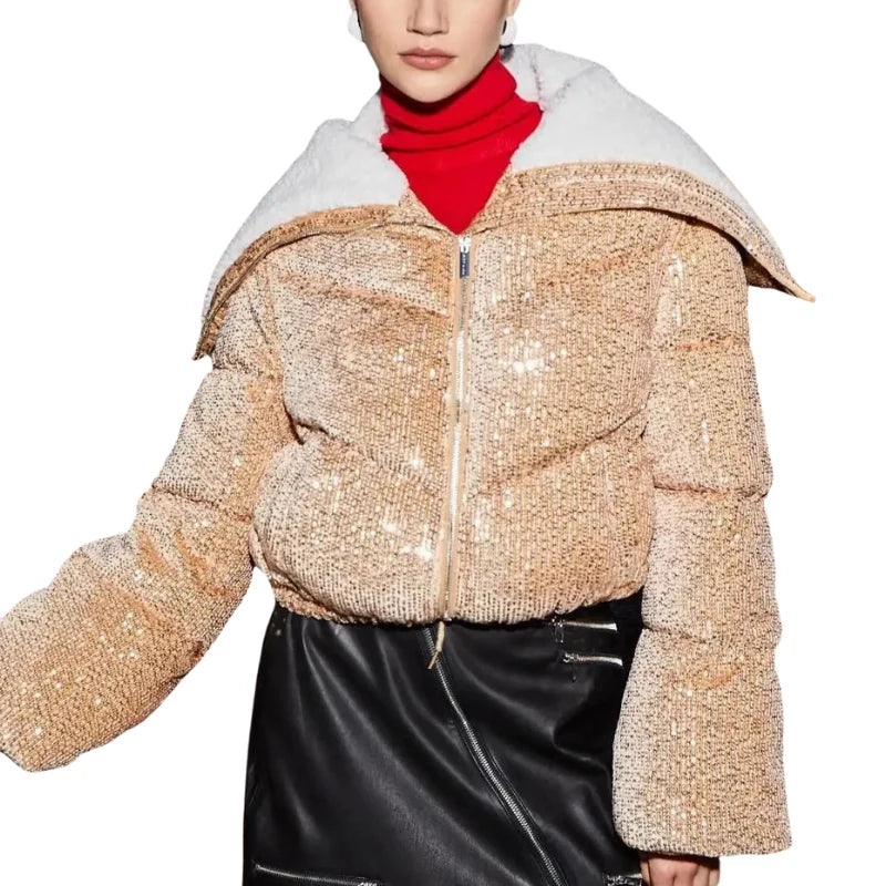 Women's Sequin Puffer Jacket with Hood 1