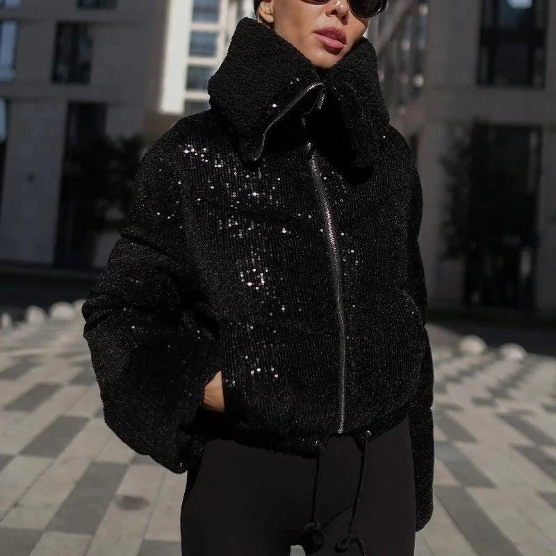 Women's Sequin Puffer Jacket with Hood 2