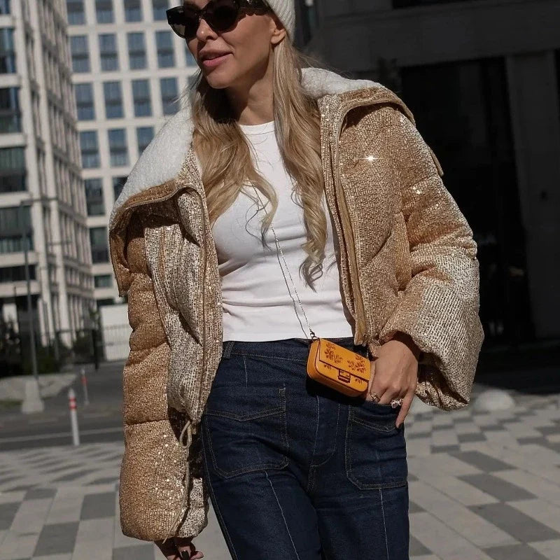 Women's Sequin Puffer Jacket with Hood 3