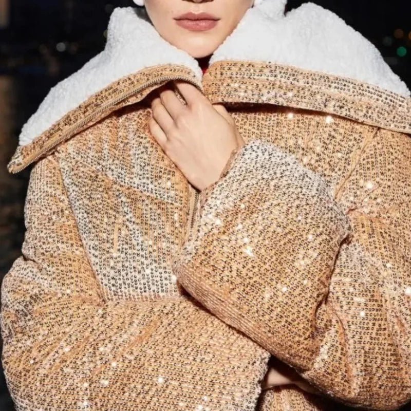 Women's Sequin Puffer Jacket with Hood 5