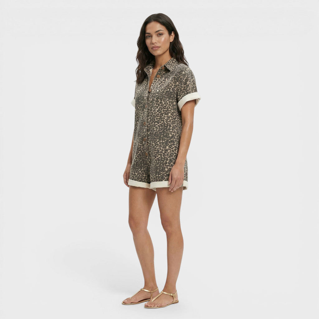 Women's Short Jumpsuit with Bold Leopard Print