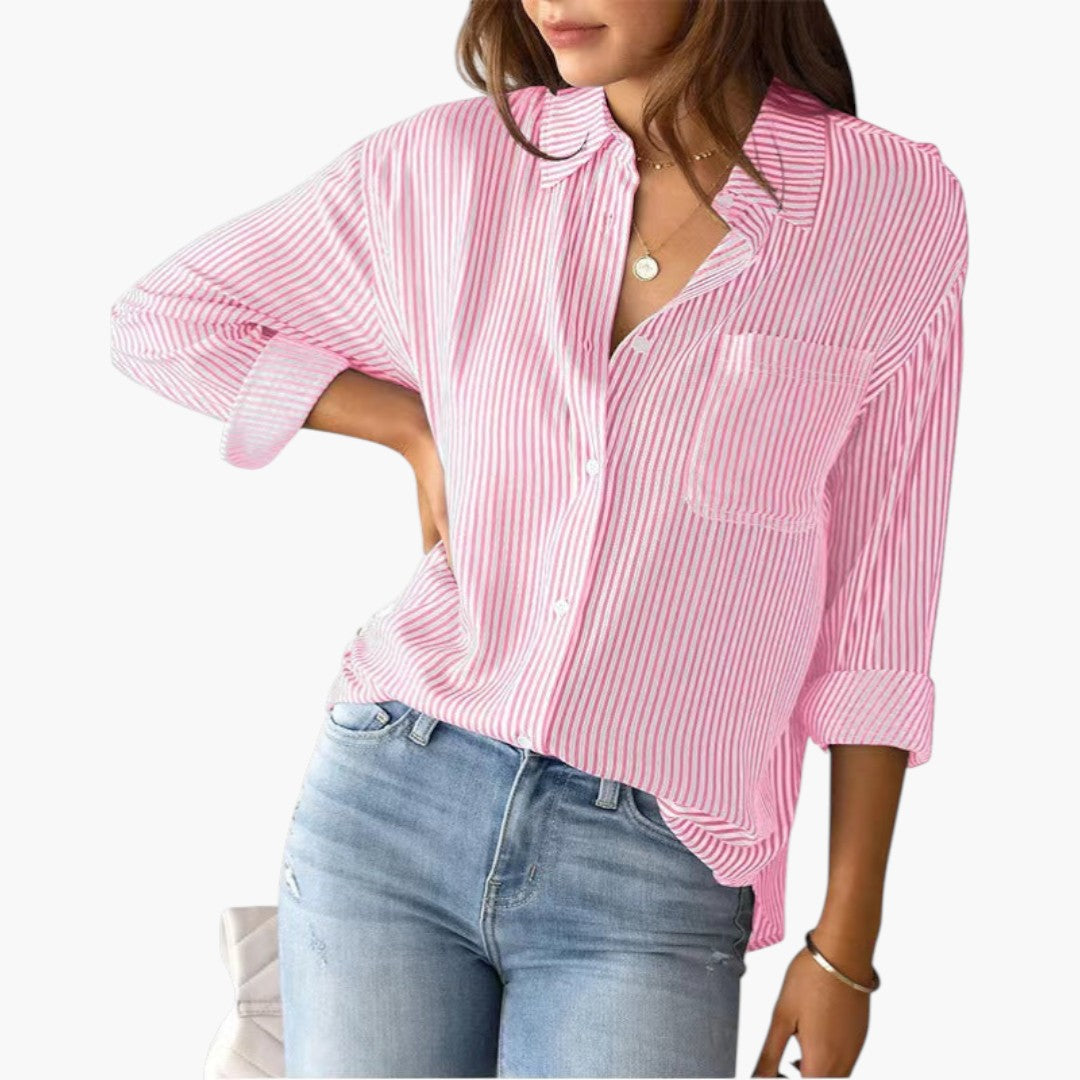 Women's Striped Long Sleeve Blouse with Collar and Button Closure