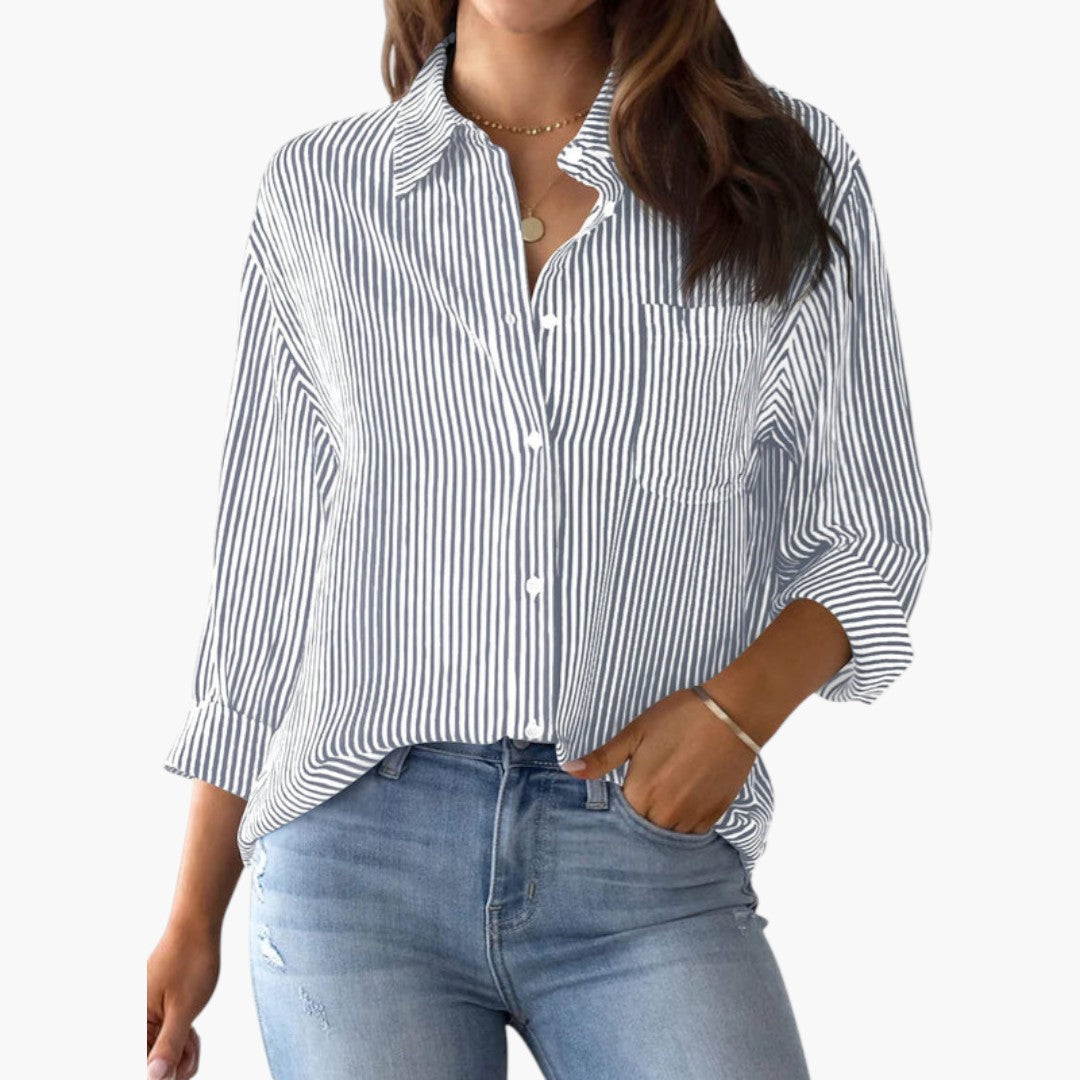 Women's Striped Long Sleeve Blouse with Collar and Button Closure