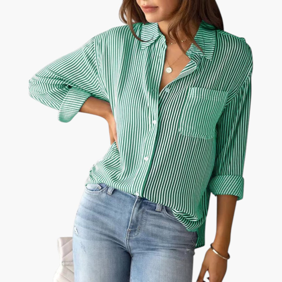 Women's Striped Long Sleeve Blouse with Collar and Button Closure