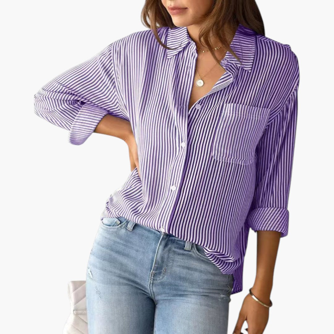 Women's Striped Long Sleeve Blouse with Collar and Button Closure