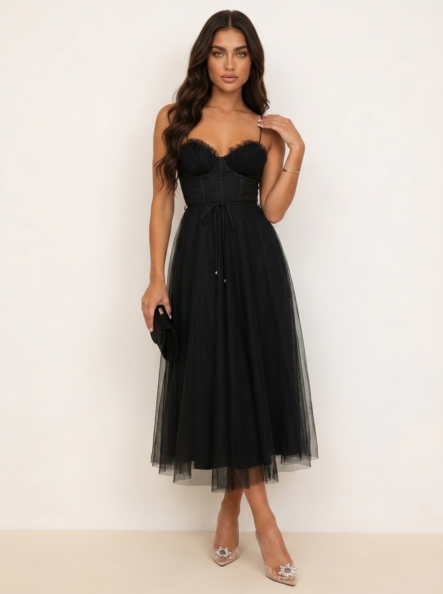 Women's Tulle Midi Dress with Corset Top for Formal Events