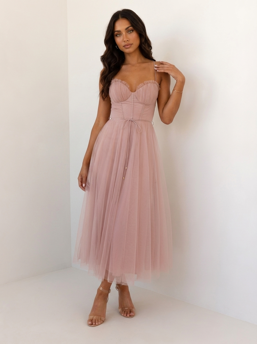 Women's Tulle Midi Dress with Corset Top for Formal Events