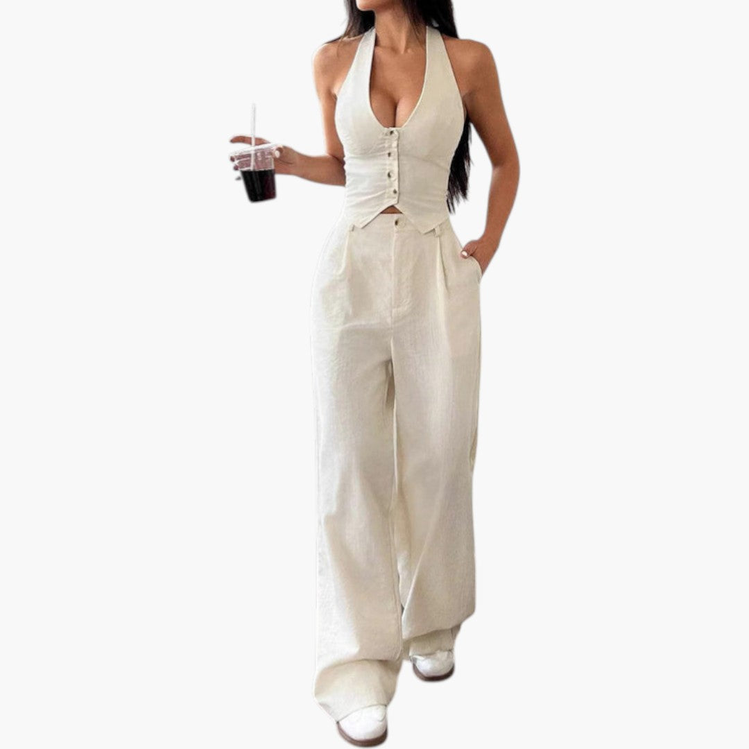 Women's Two Piece Set - Open Back Top and Wide-Leg Pants
