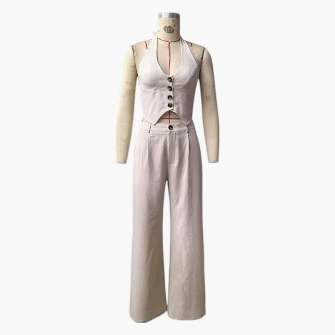 Women's Two Piece Set - Open Back Top and Wide-Leg Pants