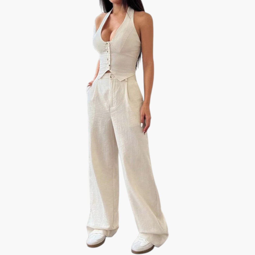 Women's Two Piece Set - Open Back Top and Wide-Leg Pants