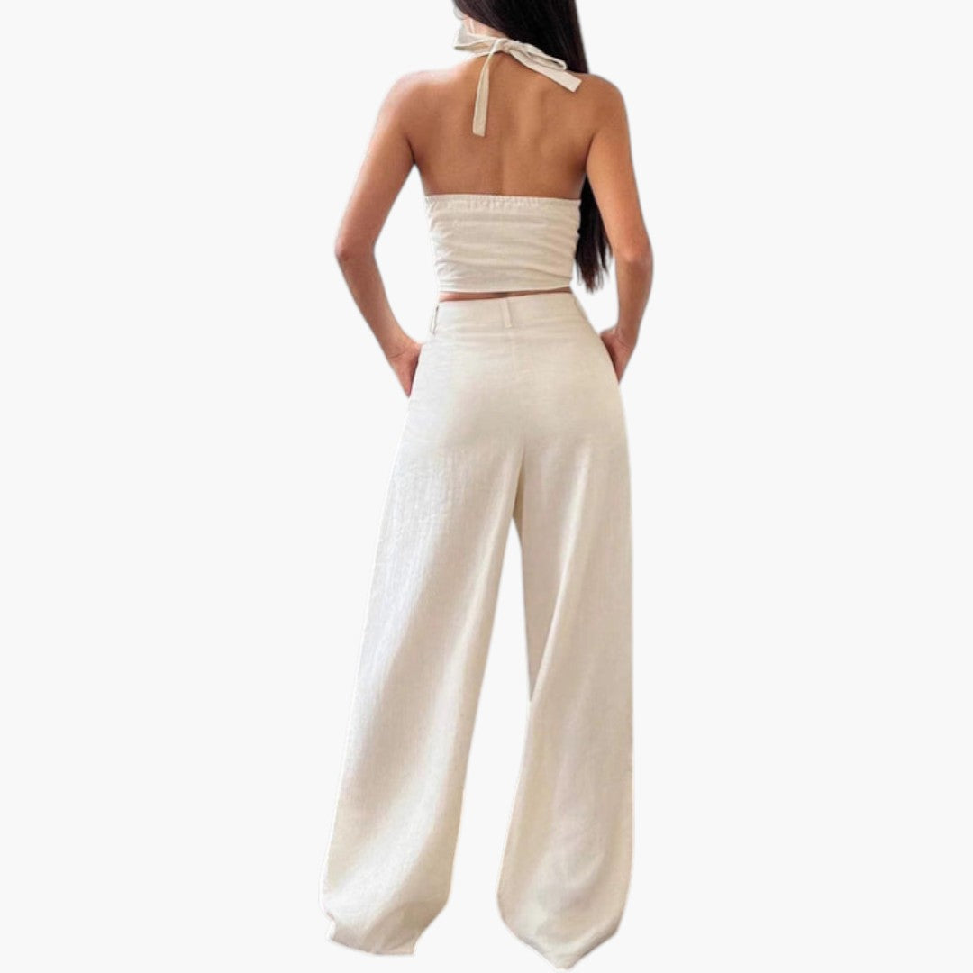 Women's Two Piece Set - Open Back Top and Wide-Leg Pants