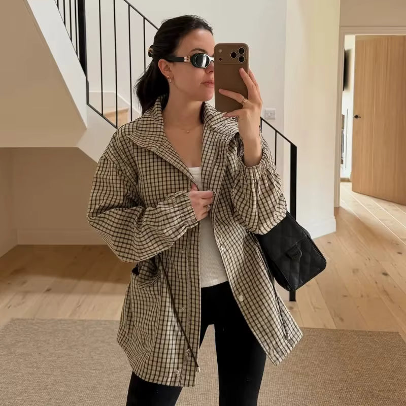 Women's Vintage Plaid Waist-Cinched Jacket