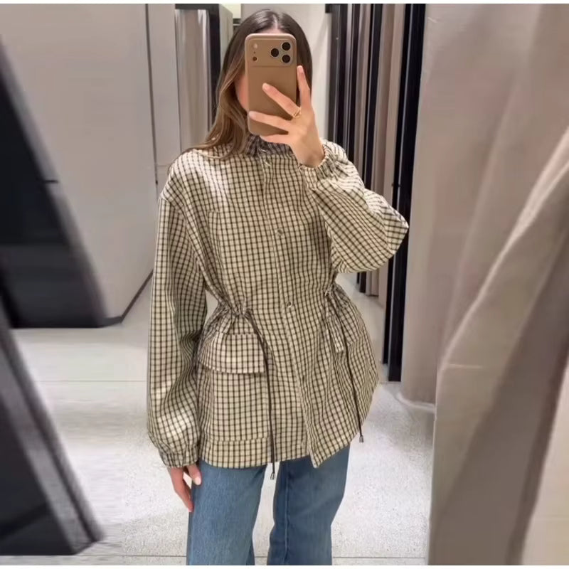 Women's Vintage Plaid Waist-Cinched Jacket