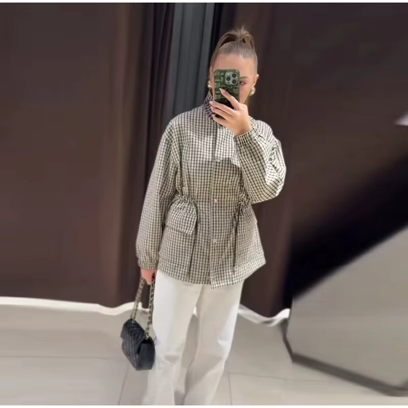 Women's Vintage Plaid Waist-Cinched Jacket