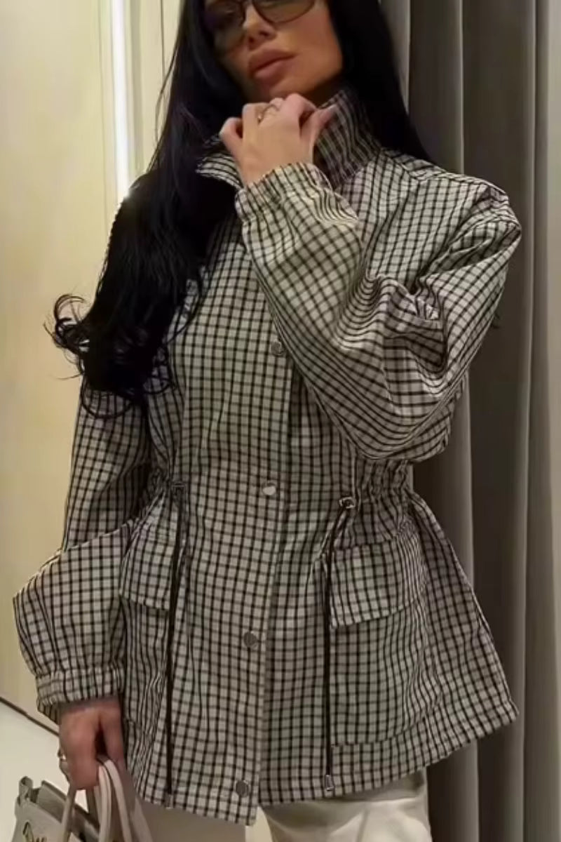 Women's Vintage Plaid Waist-Cinched Jacket