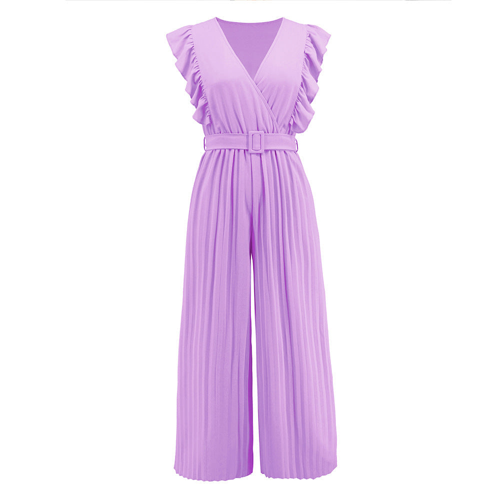 Women's Elegant Wide Leg Jumpsuit with V Neck and Belt