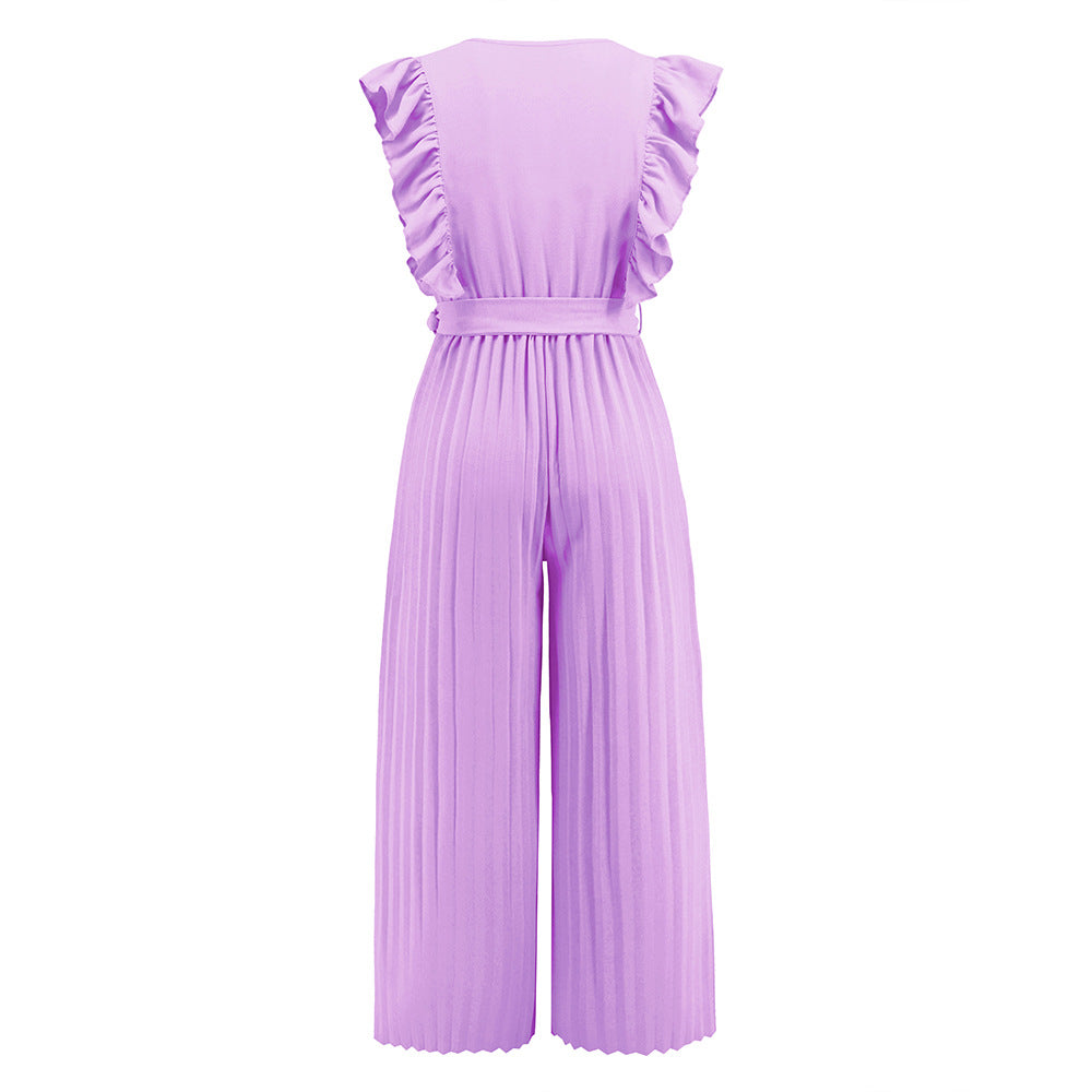 Women's Elegant Wide Leg Jumpsuit with V Neck and Belt