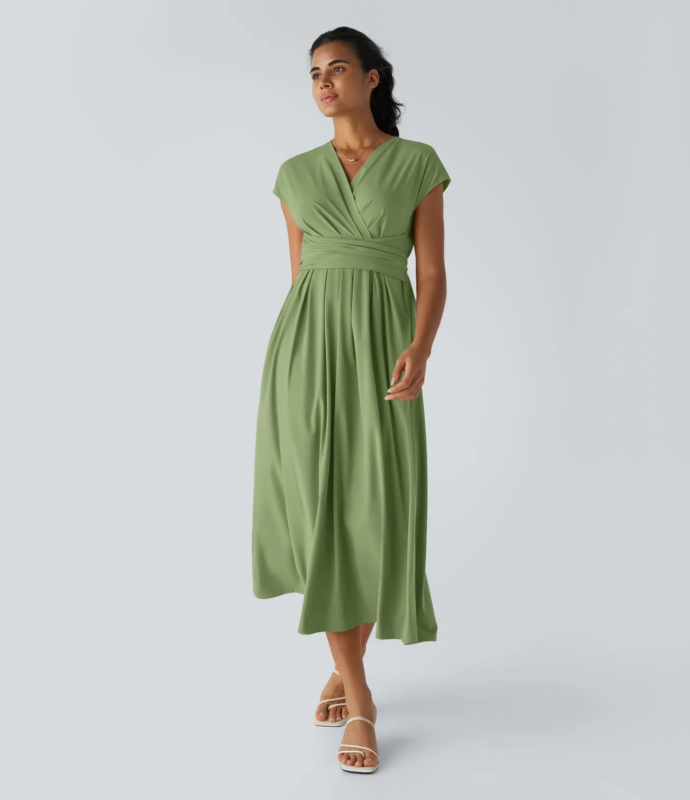 Women's Wrap V-Neck Midi Dress for Wedding Guests