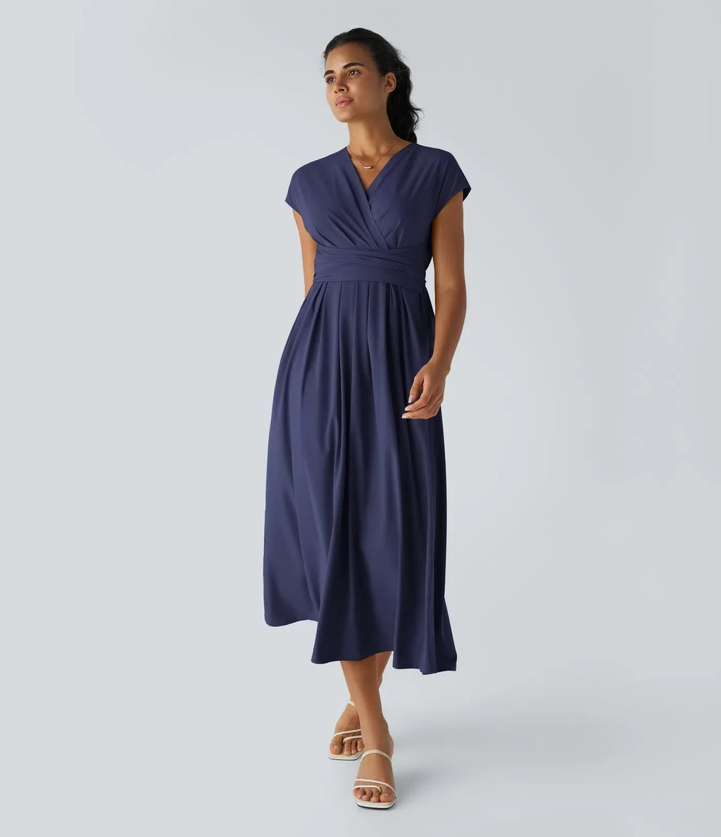 Women's Wrap V-Neck Midi Dress for Wedding Guests