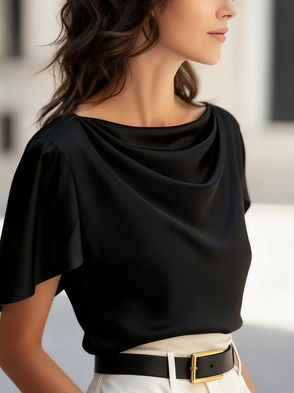 Womens Elegant Draped Top with Short Sleeves